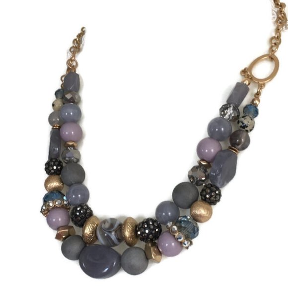 C1946 Gold & SilverTone Sparkly Gray Bead 2 Strand Necklace - Picture 4 of 7